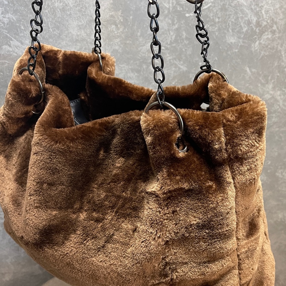 Cozy Brown Plush Shoulder Bag with Chain Straps